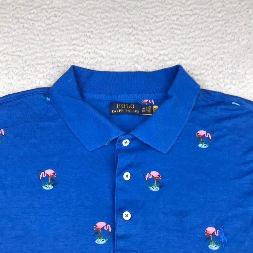 Polo Ralph Lauren Shirt Mens 2XB Big Blue Fishing Flamingo Allover Print Cotton